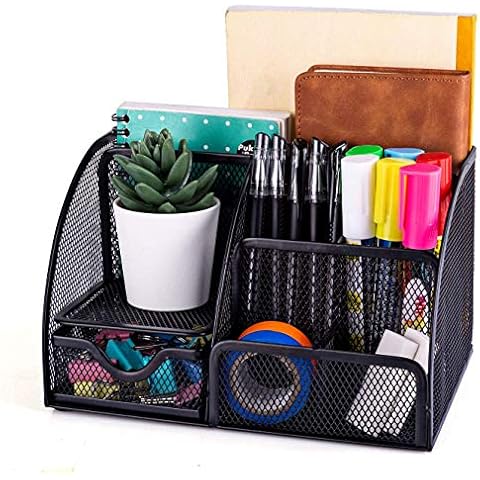 New Office Storage Simple Houseware Mesh Desk Organizer with Sliding Drawer, Five Slot File and Upright Sections, Space-saving Functionality (Black) Cover