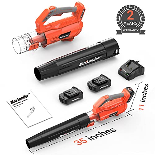 MAXLANDER Leaf Blower Cordless - 20V Electric Cordless Leaf Blower with 2 Batteries and Charger, 2.0Ah Battery Powered Leaf Blowers with 2 Speed Mode for Lawn Care, Blowing Leaves
