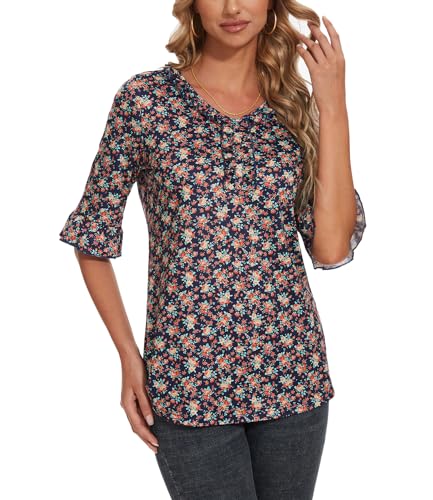 MAVIS LAVEN Camisetas de manga 3/4 para mujer, informales, cuello en V, blusas sueltas de verano con volantes, túnica para mujer, Flor negra., M