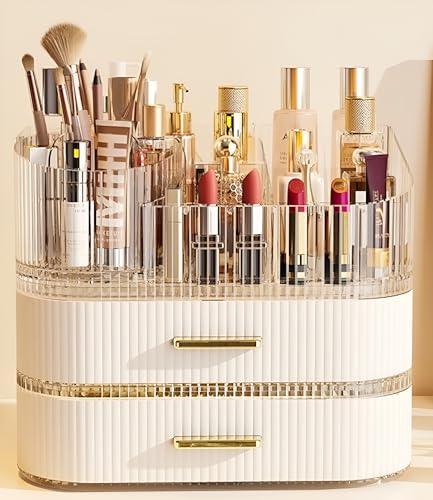 SpaceLuxe Makeup Organizer with Drawers and 360° Rotating Brush Holder, ...