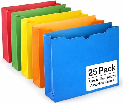 Enday 2 Inch File Jackets 25 Pack- Assorted Colors Expandable File Folders - Straight Cut Tab - Letter Size Jacket Folders for Home & Office, Pocket File Folders in Red, Yellow, Blue, Green & Orange