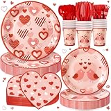 168PCS Red Love Heart Party Supplies for Valentines,Galentines Disposable Paper Plates Napkins Cups Cutlery for 24 Guest,Love Party Tableware for Anniversary Wedding Engagement Birthday Baby Shower