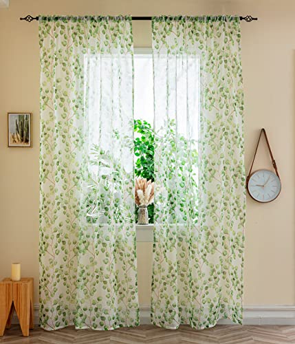 Yancorp Green Leaf Curtains 79 Inch Length For Living Room 2 Panels Tulle Vine Window Leaf Prints Sheer Curtains Set Transparency Sheer Drapes(Greenleaves,W39 X L79) #TOP13