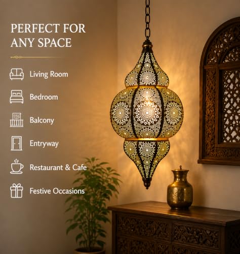Image of Gold Vintage Moroccan Hanging Lantern | 20 Inch Ceiling Pendant Chandelier Lamp for Home Decor | Antique Golden Finish Indoor Outdoor Decorative Lighting Fixture | Pack of 1
