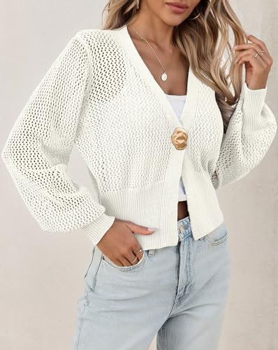 Cicy Bell Womens Cropped Crochet Cardigans Hollow Out Button Down Lantern Sleeve Knit Sweaters Casual Mesh Loose Fit Cover Up4