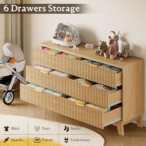 Image of BORNOON Fluted 6 Drawer Dresser, 47.2 inch Wide Modern Boho Chest of Drawers, Wooden Storage Dresser TV Stand for Bedroom, Living Room, Closet, Hallway, Curved Profile Design