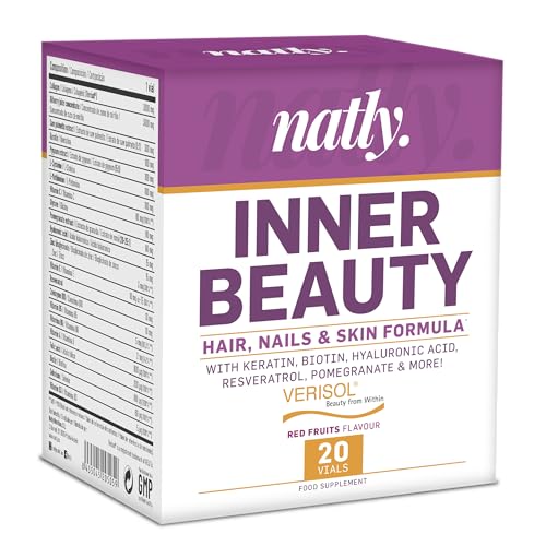 NATLY INNER BEAUTY | Complemento Alimenticio para Piel, Cabello y Uñas | Con Queratina, Biotina, Ácido Hialurónico, Resveratrol | 20 Viales Sabor Frutos Rojos