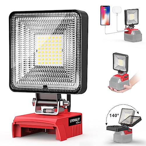 LIVOWALNY 18V Work Light for Milwaukee m18 Battery, 30W 3000LM Cordless Battery Light, LED Flood Light Flashlight Tools 140° Adjustable Head With USB & Type C Charging Port (No Battery)
