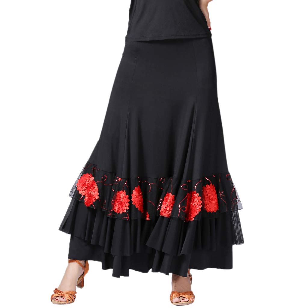 Eleganter Damen-Tanzrock für Ballsaal, Spanischer Flamenco, langes Walz-Tanzkleid, Kostüm Gr. One size, schwarz/rot