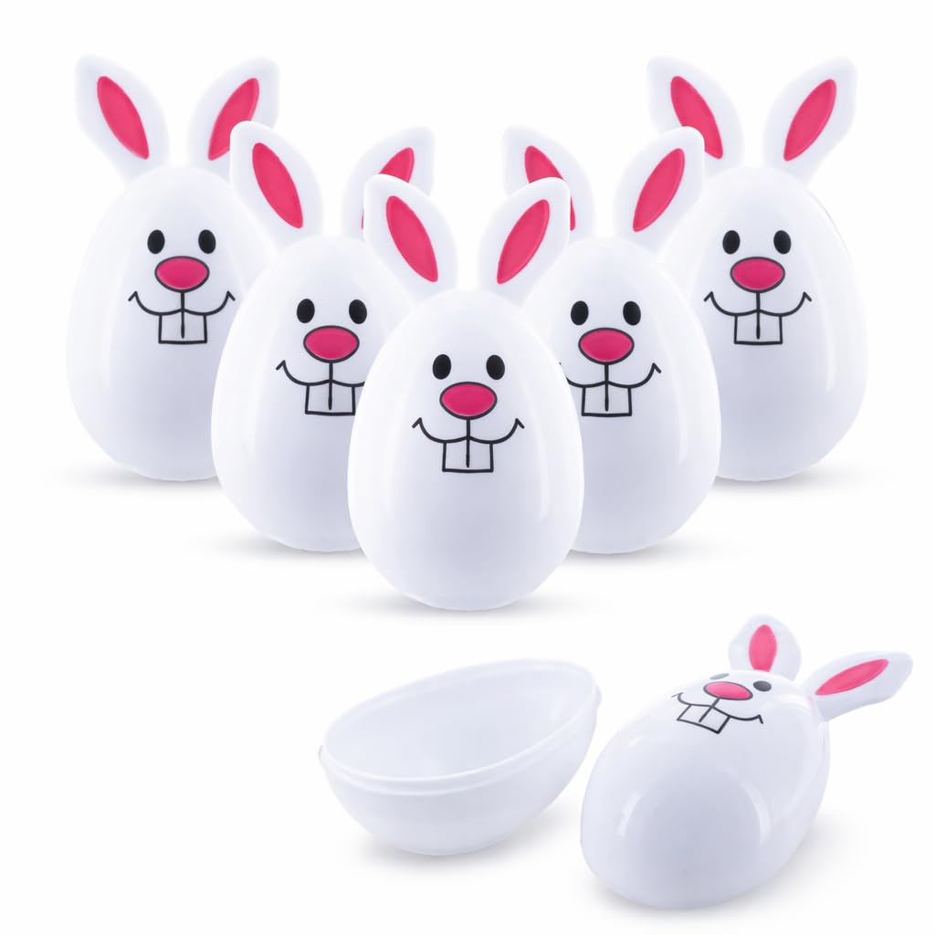 Set di 6 uova di Pasqua in plastica con coniglietto sorridente bianco