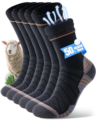 CLATOFO Merino Wool Hiking Crew Socks for Men & Women, Thermal Socks,Cushioned Anti-Blister, Breathable 3 Pairs(BLACK&GREY,L)