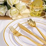 WELLIFE 600 PCS Gold & White Disposable Dinnerware Set for 100 Guests — White Plastic Plates with Gold Rim, Dinner & Salad Plates, Cups, Forks, Knives & Spoons for Weddings & Elegant Events - Image 2