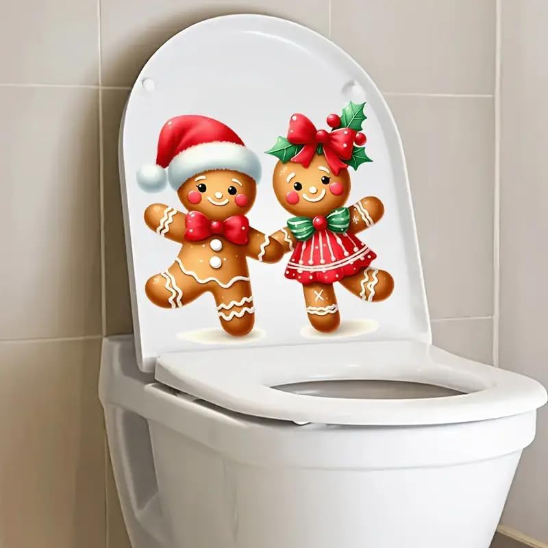 Festive Christmas Gingerbread Man Toilet Cover Sticker Decals,Fish Bird Flower Leaf Waterproof Toilet Lid Tank Seat Decals Cistern Self-Adhesive Bathroom Wall Sticker