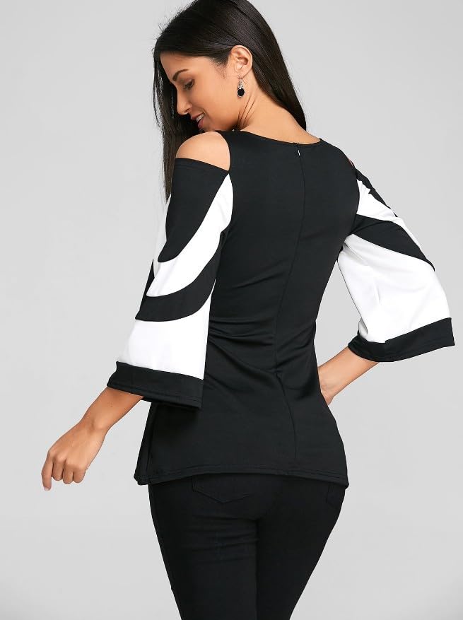 Image of Women Blouses and Tops Black White Colorblock Bell Sleeve Cold Shoulder Top Shirt