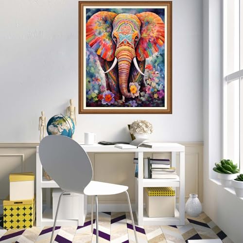 Image of Disnesart Cross Stitch Stamped Full Embroidery Kits DIY 11CT Cotton Thread Printed DIY Needlepoint Kits Craft Needlework Set Cross-Stitch Stamped Sets-Colorful Elephant 16x20 inch