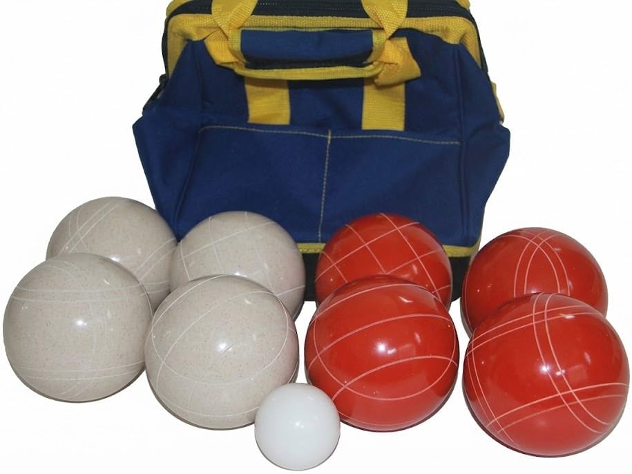 BuyBocceBalls Listing - Made in USA, Premium Quality Tournament Bocce Set - 110mm White and Dark Orange Balls, Nylon Blue/Yellow Bag, 998 Grams (2 lbs. 3.2 oz.).