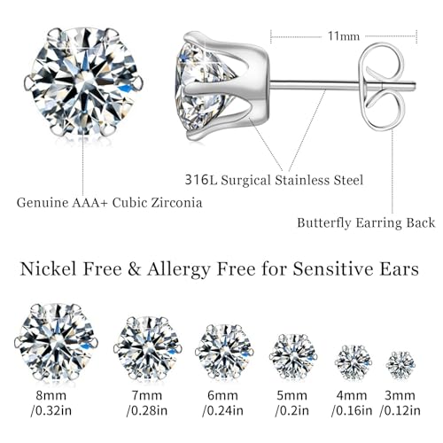 Stainless Steel Stud Earrings Set Hypoallergenic Cubic Zirconia 14K White Gold CZ Earrings for Women3
