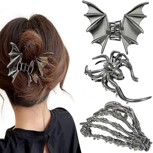 Parcce 3 PCS Halloween Hair Clips for Women, Gothic Bat Wing, Spider and Skeleton Hand Claw Clips, Gunmetal Goth Accessories, Strong Hold Halloween Hair Accessories, Spooky Skull Costume Party Gifts