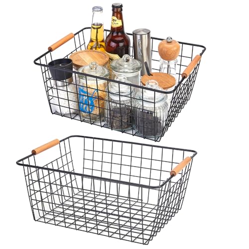 LeleCAT Large black wire basket for Organizing with Wooden Handles,pantry refrigerator organizers and storage,Snack Storage Baskets for Cabinets, Closets, Bedrooms, kitchen -2pack（Black）