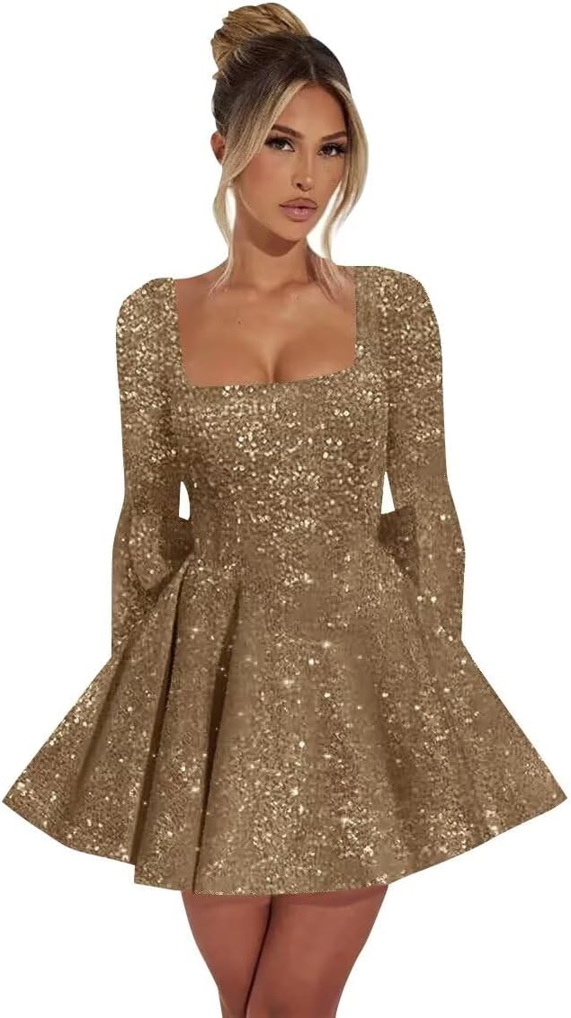 Long Sleeve Homecoming Dresses for Teens 2026 Sparkly Sequin A Line Square Neck Prom Dress with Bow