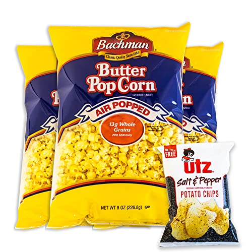Bachman Air Popped Butter Popcorn (3, 8oz bag) - Variety Pack - Utz Salt and Pepper Potato Chips (1, 2.75oz bag) - Gourmet Buttery Popcorn - 4 Bags Total image 4