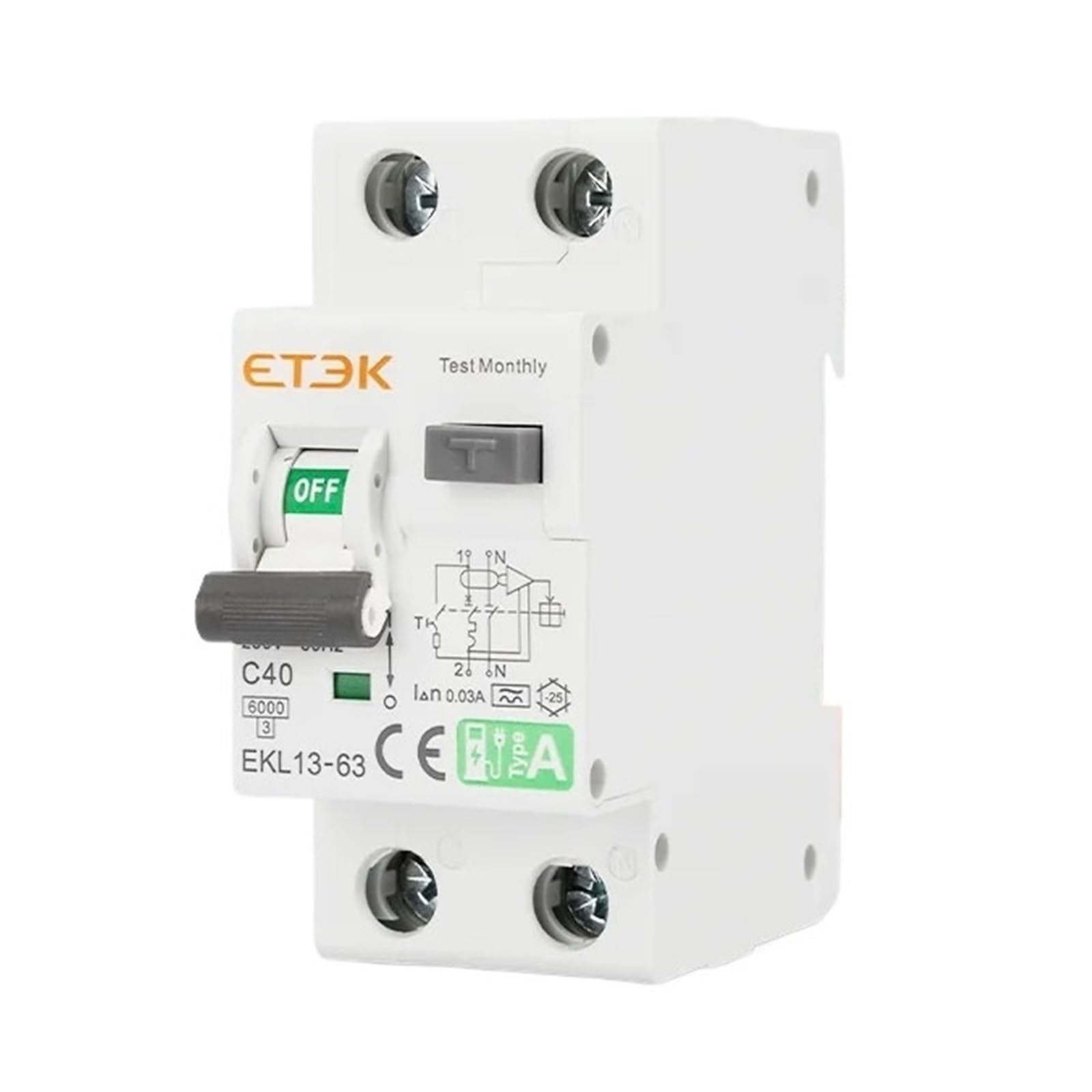 NVSFZGIYG RCBO Type A 1P+N Residual Automatic Circuit Breaker with Over Current Leakage Protection 6KA 2P DPN 30mA EKL13(16a)