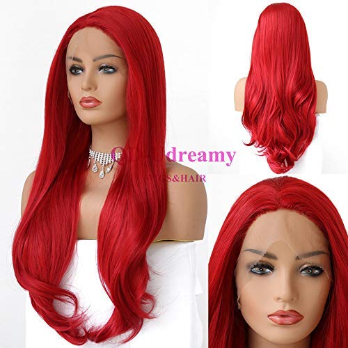 QD-Udreamy Natural Long Wavy Trendy Sexy Red Color Synthetic Half Hand Tied Heat Resistant Lace Front Wigs Hair Replacement Wigs for Women