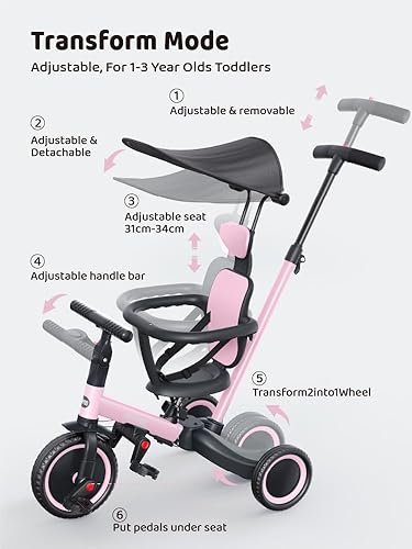 Miniatura 17 de newyoo Triciclo para niños pequeños de 1 a 3 años, bicicleta para niños pequeños, triciclo para niños pequeños con mango de empuje y toldo, regalo