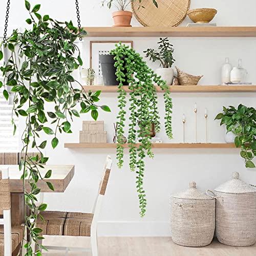 Artificial Hanging Plants 4 Pcs Fake Hanging Potted Mandala, Eucalyptus Vine, String Of Pearls, Pea Pod Leaves For Home Room Wall Shelf Patio Garden Outdoor Indoor Plastic Green Décor With Pot #TOP6