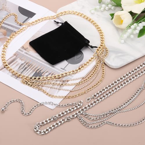 MECCANIXITY Waist Chain Belts, 43.3 Inch Length Silver Rhinestone Belt for Women with Black Drawstring Bag Women Belts Outfits Jeans Dress3