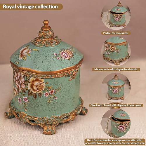 Image of DECOR BAE Flower Printed Luxurious Jewellery Jar, Resin Handcrafted Antique Premium Jewelry Storage Box for All Jewelry Necklaces Earring Ring Chain Bangle (Green, 6.5X10 Inch)