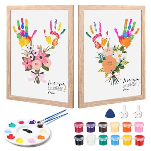 Marspark Handprint Craft Family DIY Paint Set, Unique Birthday Gifts for Grandma Mom Father Mother Handmade Keepsake Include 16" Wood Frame 4 Flower Bouquet Papers 12 Colors Paint and Palette