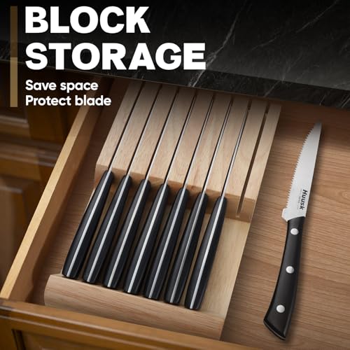 Huusk Steak Knives Set of 8 with Block, Sharp Serrated Steak Knives with Full Tang Handle, Japanese Stainless Steel Stake Knife Set with Drawer Organizer for Kitchen Table, Fathers Day Gift for Dad by Huusk - Image 5