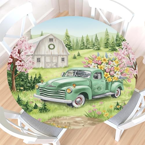 Vintage Spring Round Fitted Tablecloth with Elastic Edge,Water-Resistant Green Truck Pink Cherry Blossom Floral Farmhouse Easter Table Cover for 40-44" Stretch Table Cloth for Dinner Indoor Outdoor