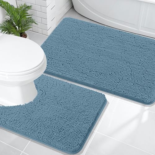 Image of OLANLY Bathroom Rugs Sets 2 Piece, Soft Absorbent Chenille Bath Mats and U-Shaped Contour Toilet Mat Area Rug Set, Machine Washable Bath Carpet, Home Decor Accessories(36 inchx24 inch+24 inchx20 inch, Airy Blue)