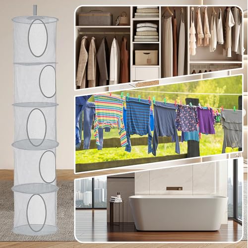 Zyluniy 2 Stück Hängender Speicherkorb, 5 Tier Faltbare Aufbewahrungsnetze, Kuscheltiere Hängeregal, Hängende Mesh Aufbewahrungsnetze, Hängeaufbewahrung Netz für Spielzeug, Kleine Kleidung (Grau)