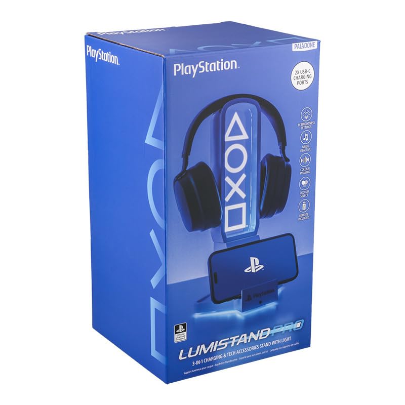 Paladone PlayStation 3-in-1-Kopfhörerständer und Tech-Ladestation mit Controller-Halterung und 2 USB-C-Anschlüssen, RGB-Farbwechsel-Lichtpanel, offiziell Lizenziertes Geschenk für Gamer