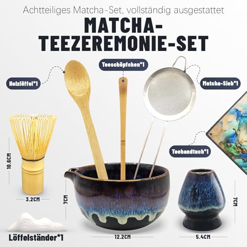 Matcha Set, Matcha Tea Set 8-Teiliges mit Matcha Besen, Matcha Schale Matcha Whisk, Matcha Löffel, Sieb, Matcha-Besenhalter | Japanisches Matcha Zubehör für Matcha-Liebhaber, Sternenhimmelblau
