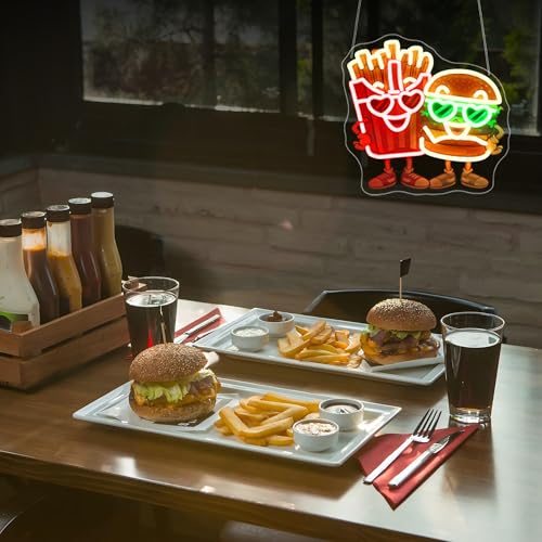Image of Neon Sign, HSJNJKFU Hamburger and Fries LED Sign, UV Printed Neon Light Signs for Wall Decor, Kitchen, Cafe, Restaurant, Man Cave, Foodie Room Decor - USB Powered