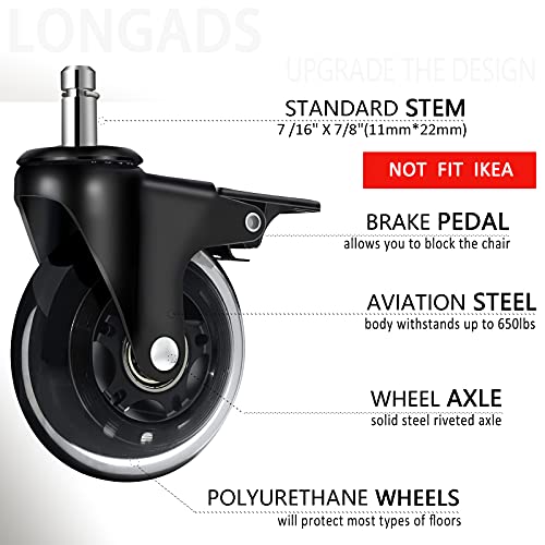 𝑳𝑶𝑵𝑮𝑨𝑫𝑺 𝟓 𝙋𝙖𝙘𝙠𝙨 𝟑 𝙄𝙣 Office Chair Caster Wheels With Brakes For Hardwood Floors And Low Pile Carpet,Heavy Duty Quiet Swivel Replacement -Made From Soft Premium Pu Rubber-Black #TOP1