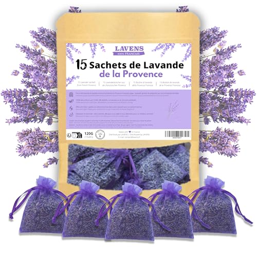 LAVENS - 15 bolsitas de Lavanda perfumadas - Origen Provence France - 120G - Bolsa de Olor para Armario, Ropa y Armario. Bolsa de Lavanda Seca Desodorante Aroma Intenso.