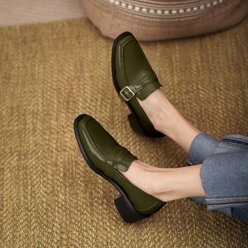 Image of MOOMMO Women Chunky Heel Penny Loafers Square Toe Buckle Slip On Comfort | Office Ladies Loafer Pumps 2 inch Stacked Block Heel Dress Loafers Oxfords Walking Dress Shoes Casual Size 4-11 M US