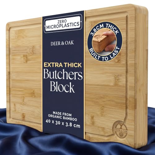 Deer & Oak Butchers Block Chopping Board 40 x 30 x 3.8cm Extra Thick Double Sided Pre Oiled Bamboo Cutting Board with Juice Groove Large Heavy Duty Wooden Board for Meat & Kitchen Prep