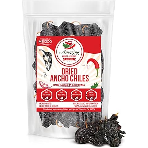 Dried Ancho Chiles Peppers 8 oz –Natural and Premium. Great For Recipes Like Mexican Mole, Sauces, Stews, Salsa, Meats, Enchiladas. Mild to Medium Heat, Sweet & Smoky Flavor. Air Tight Resealable Bag Cover