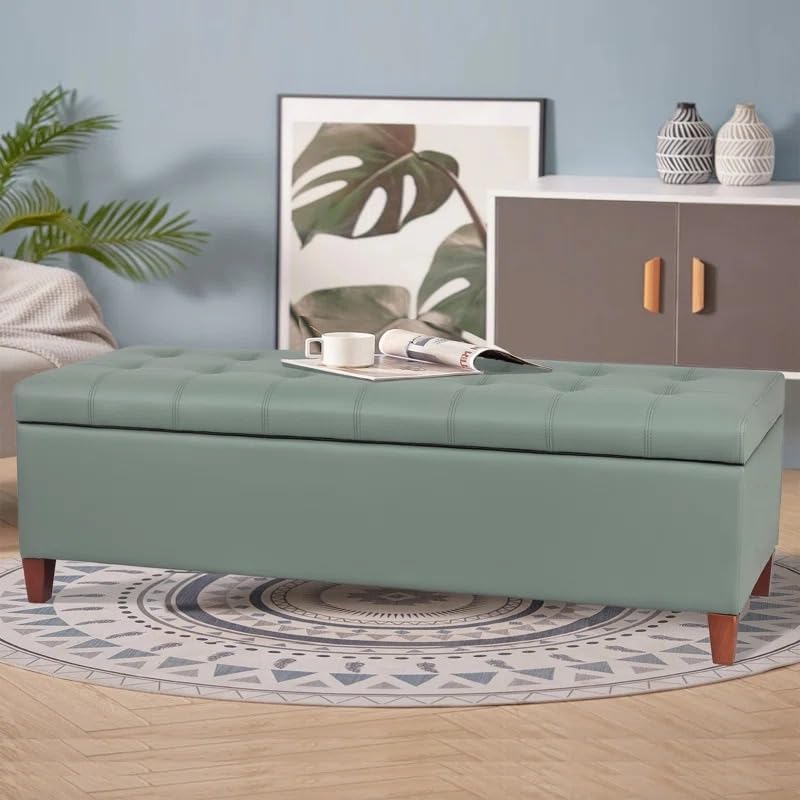 Image of LEGACY OF COMFORT Nysir 2 Seater Sofa Upholstered Ottoman Bench with Storage, for Living Room, Bedroom, Entryway (Greish Green Leather)