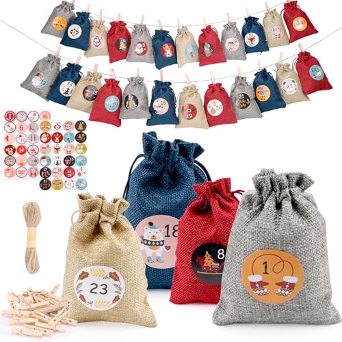 Adventskalender zum Befüllen – 24 Jutesäckchen mit Zahlen-Stickern,...