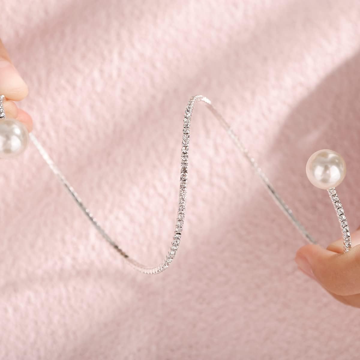 Xerling Wedding Hand Jewelry for Brides Rhinestones Layered Bracelets for Women Faux Pearl Cuff Bangle Bracelets Stretch Hand Chain Bracelets Elastic (Type B-Silver) - Image 5