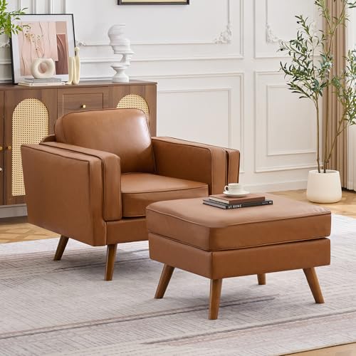 Kingfun Modern Accent Chair Sets, Living Room Chairs with Ottoman, Faux Leather Reading Armchair, Mid Century with Dual-Layer Armrests, Solid Wood Frame, Easy Assembly for Small Spaces, Light Brown