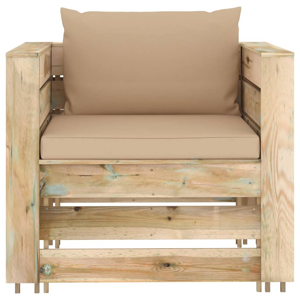 Salon de Jardin 2 pièces en Bois de pin imprégné Vert avec Coussins Beige modulable encastrable pour terrasse Patio Balcon Repas détente extérieur
