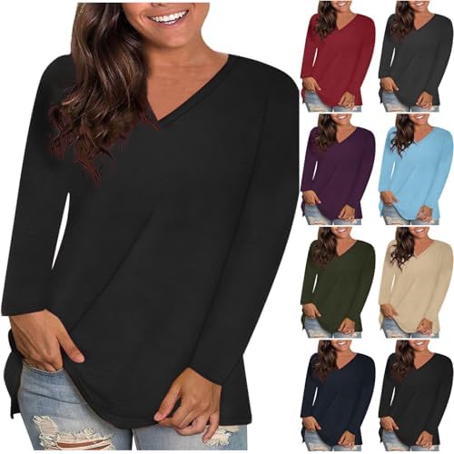 HUCHPI Long Sleeve Shirts for Women Casual Plus Size V Neck Tops Loose Fit Basic Shirts Workout Tshirt Pullover Tops